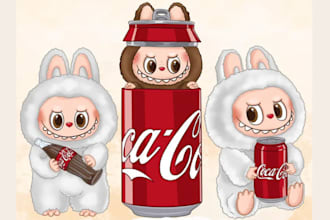 design labubu character, sunny bear, chibi, kawaii, labubu