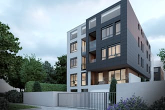 rebuild 3d modern house exterior,elevation,facade render,cgi glass balcony,fence