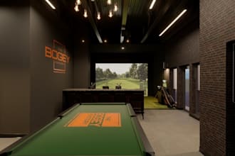 recreate 3d golf simulator,sport bar interior,cgi virtual golf course,gym design