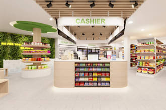 make 3d interior exterior restaurants supermarket design, retail stores, grocery