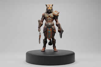 sculpt a stylized tiger warrior 3d model with armor, weapons, and pbr textures