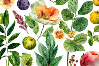paint watercolor botanical illustration of flowers, plants, fruits