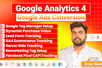 setup google tag manager, ga4 ecommerce, ads conversion tracking and meta pixel