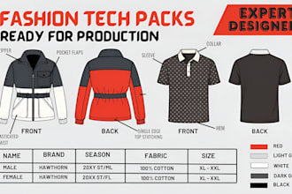 create fashion clothing factory tech pack flat sketches with technical drawing