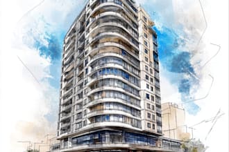 sketch architecture building with watercolor rendering