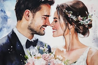 draw watercolor portrait wedding couple family gift