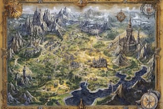 do cartoon fantasy map illustration, doodle hand drawn