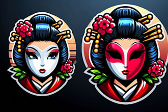 design a unique geisha and mask mascot logo for your brand