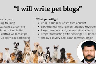write SEO optimized pet blogs on training, care, and more