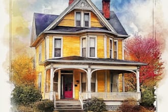 create house and building photo into watercolor art