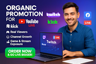 do organic youtube livestream game, twitch kick channel promotion facebook video