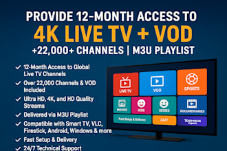 create iptv 12months subscription, iptv 4k, over 22000 channelsiptv, m3u