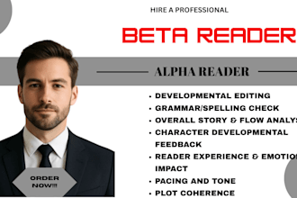 beta read, edit and provide feedback on your fiction, non fiction book