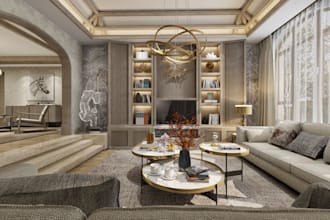 render room plan,golf simulator interior,and luxury villa facade in high quality