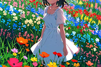 create ai anime girl in flower field or fantasy background