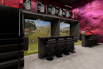 redesign golf interior, mini putting green,3d floor plan, cgi layout, motor club