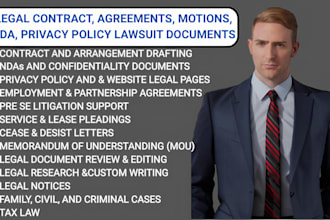 draft legal contract, agreements, motions, nda, privacy policy lawsuit documents