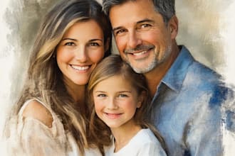 paint a family portrait into a digital watercolor painting with oil painting