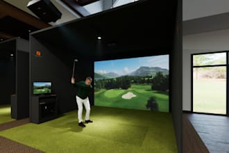 3d virtual golf simulator,indoor golf design,house simulator,8k rendering,lounge