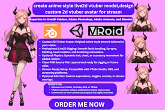 create anime style live2d vtuber model,design custom 2d vtuber avatar for stream