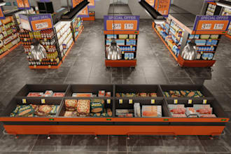 model 3d supermarket interior, retail environment, checkout counters,3d basement