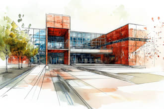 draw an architectural digital marker or watercolor sketches