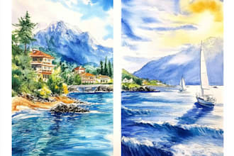 paint watercolor landscape with mountains, sea, yachts, houses