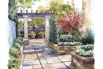 sketch architectural garden views or landscape scenery with watercolor