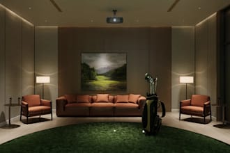 stylish golf indoor simulator,patio furniture,sport facilities,tennis court, cgi