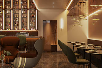 render 3d modern lounge,nightclub design,kitchen, dining space, hotel model, bar