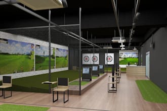 realistic screen golf zone,golfcourse,mini putting green,commercial building,cgi