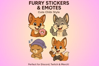 draw cute chibi furry stickers, icon, emote, pfp, furry ref sheet, fursona