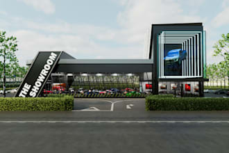 design 3d modern car showroom,spacious interior waiting area,realistic rendering