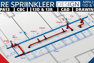 design 13d, 13r cad drawings with nfpa13, cbc, ibc, bs5839, fm200, co2 codes
