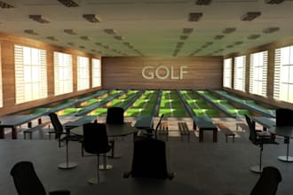 craft 3d interior golf house,golf simulator room,game arcade center,cgi showroom