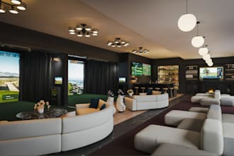 redesign 3d house golf simulator,golf course,sport bar interior,foresight render