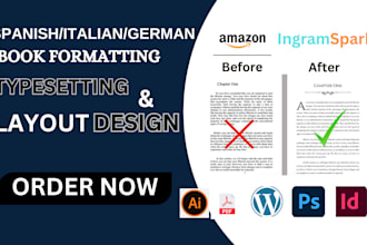 format, design and layout german book,italian book, spanish book french book kdp