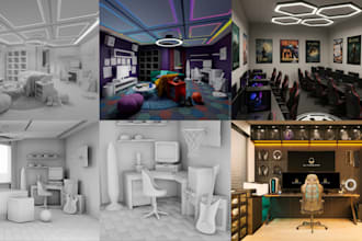 create 3d interior gaming room, podcast recording room, ai interior room render