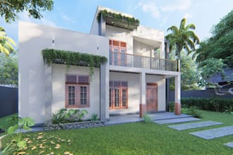 renovate 3d luxury villa, virtual house staging, backyard garden, 3ds max render