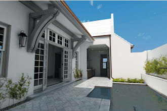 design beach house, dock house, boat house, beach hotel, pavilion, 3d rendering