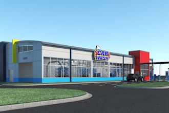 create realistic 3d rendering filling station, car wash  facility, parking area