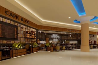 redesign 3d coffee shop,tropical cafe render,  hookah bar, wall design, cgi logo