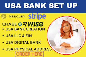 create USA business bank,payoneer,wise stripe mercury and address for llc