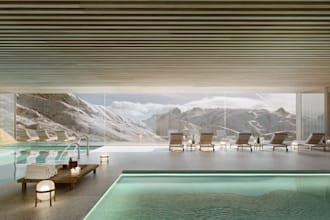 model luxury hotel interior, exterior design,pool side bar,lobby render,golf sim