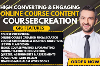 create online course content, course curriculum, lesson plan, ebook course, quiz
