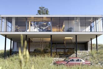 render penthouse, 3d exterior, container house,  vr tour, cgi rendering, balcony