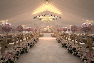 cgi 3d interior exterior wedding design, event hall, stage, lodge with 3d render