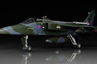 3d sepecat jaguar fighter jet modeling, sky crash simulation, jet animation, car