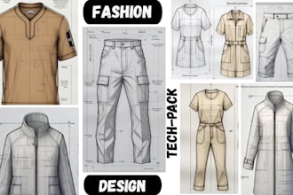 do fashion tech pack, flat sketches, clothing mockup, apparels for manufacturing