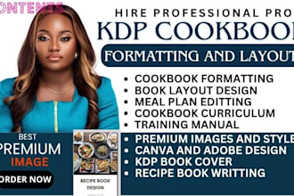 write 100 recipe and format your cookbook for amazon KDP, meal plan canva design